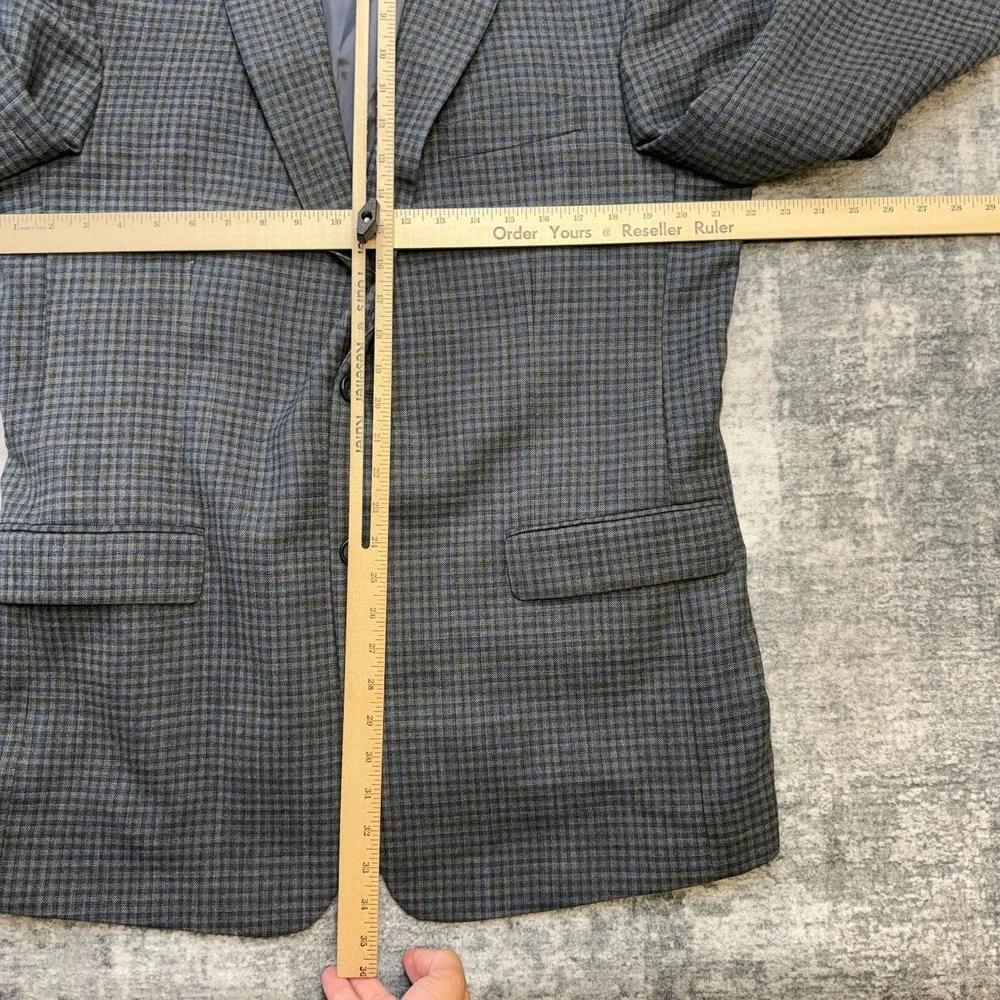 Jos A Bank Blazer Jacket MEns 44L Blue Gray Plaid Wool Sport Coat Academia Ivy